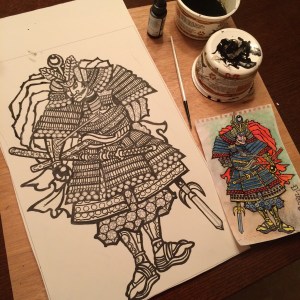 Transferring small study with pen and ink into larger format brush and ink illustration. 